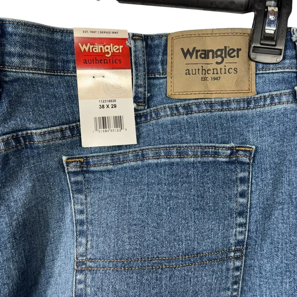 Wrangler 38x29 Mens Jeans Straight Leg Stretch Zip-Fly Pockets Medium Wash Blue